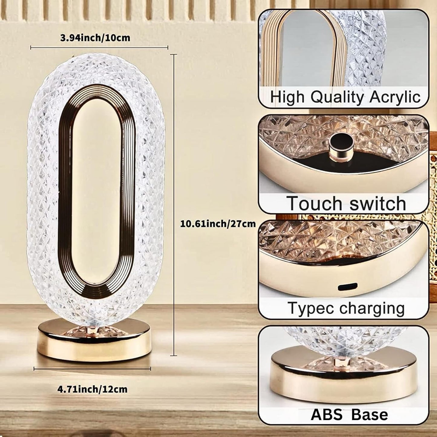 Oval Crystal Table Lamp Touch Control LED Light with 3 Levels Brightness Rechargeable Lamp