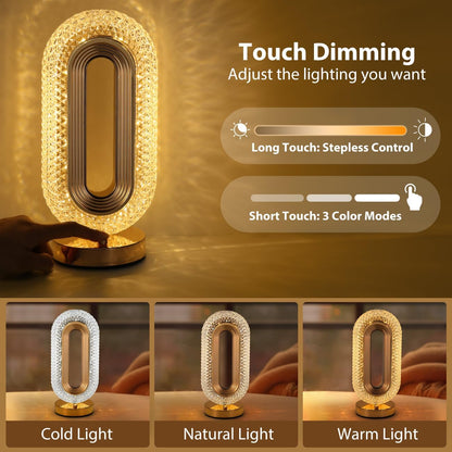 Oval Crystal Table Lamp Touch Control LED Light with 3 Levels Brightness Rechargeable Lamp