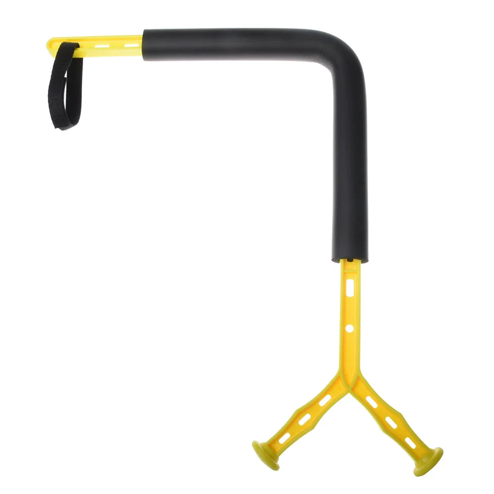 Black and yellow metal U-bolt on a white background