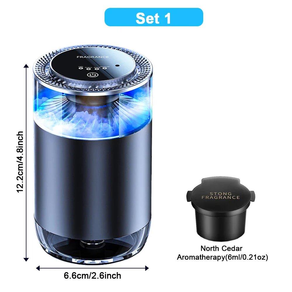 A rechargeable car aroma diffuser with LED lighting, displaying various color options such as dark blue, purple, green, and baby blue.