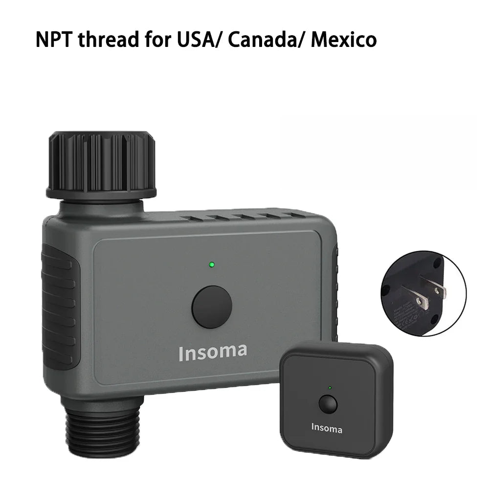 Insoma water meter and valve system with NPT thread for USA/Canada/Mexico on a white background.
