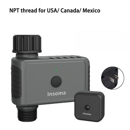 Insoma water meter and valve system with NPT thread for USA/Canada/Mexico on a white background.