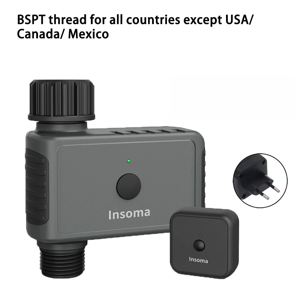 Insoma water valve system with BSPT thread compatibility text on a white background