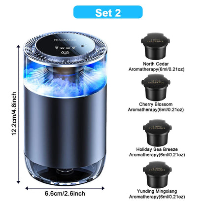 A rechargeable car aroma diffuser with LED lighting, displaying various color options such as dark blue, purple, green, and baby blue.