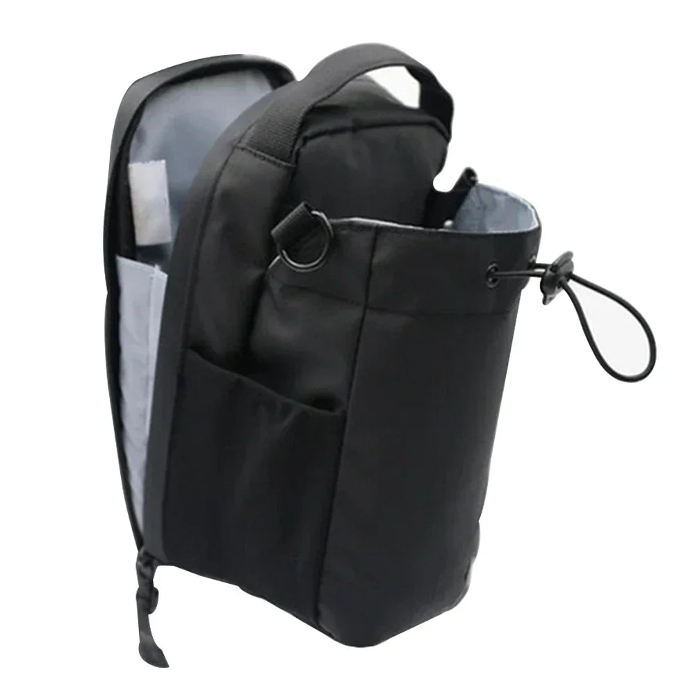 Black backpack with a clear side pocket on a white background